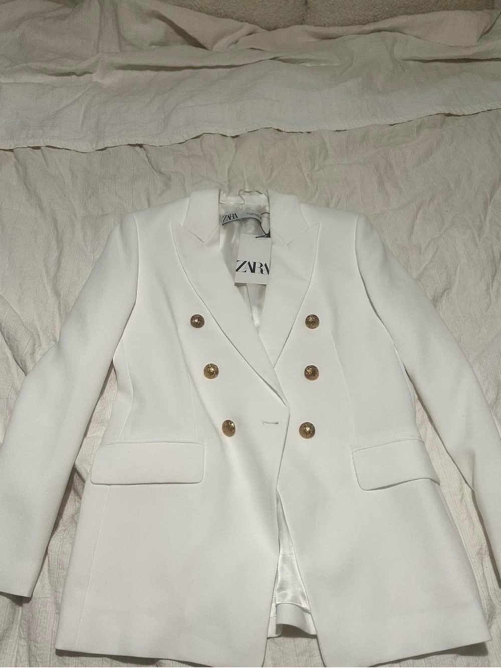 Zara White Double-Breasted Blazer with Gold Buttons